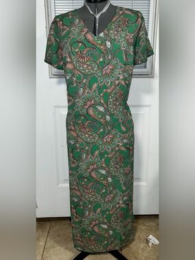 J. Jill Green Paisley Maxi Dress with Pink & Tan Accents